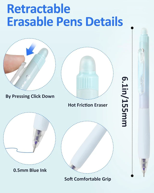 Alt view image 5 of 7 - Erasable Pens, 6 Pack Fine Point 0.5mm Blue Erasable Gel Pens | 360°Rotating Erasers, Make Mistakes Disappear, Comfort Grip for Drawing, Writing, Planning, and Crossword Puzzles (Blue Ink)