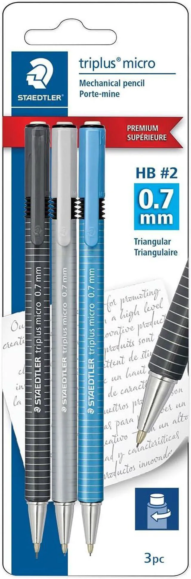 Main image of Triplus Micro Mechanical Pencils 0.7mm HB #2, Ergonomic, 3-Pack with Twist-Top Eraser, Drawing & Drafting Tools, Break-Resistant Lead