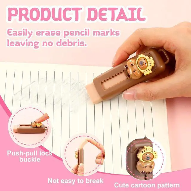 Alt view image 3 of 7 - Cute Retractable Erasers with Refills Bulk Kawaii Cartoon Fun Push Pull Sliding Erasers for Teacher Rewards Gift Back to School Party Favor Supplies(Classic 6 Sets)