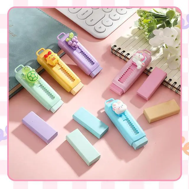Alt view image 4 of 7 - Cute Retractable Erasers with Refills Bulk Kawaii Cartoon Fun Push Pull Sliding Erasers for Teacher Rewards Gift Back to School Party Favor Supplies(Classic 6 Sets)