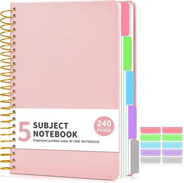 Main image of 5 Subject Notebook College Ruled 240 Pages, A5(5.8"x8.3") Hardcover Spiral Notebook with Removable Pocket Dividers Tabs, Lined Spiral Journal Notebook for Women, Notebooks for Work School Note taking