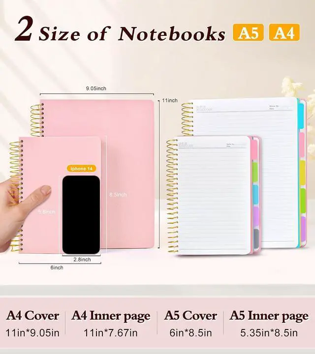 Alt view image 2 of 7 - 5 Subject Notebook College Ruled 240 Pages, A5(5.8"x8.3") Hardcover Spiral Notebook with Removable Pocket Dividers Tabs, Lined Spiral Journal Notebook for Women, Notebooks for Work School Note taking