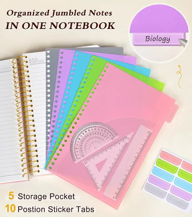 Alt view image 3 of 7 - 5 Subject Notebook College Ruled 240 Pages, A5(5.8"x8.3") Hardcover Spiral Notebook with Removable Pocket Dividers Tabs, Lined Spiral Journal Notebook for Women, Notebooks for Work School Note taking