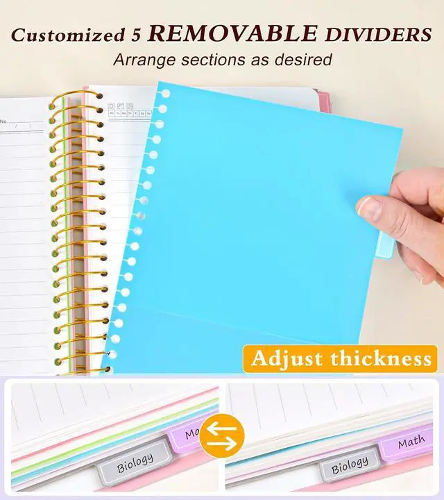 Alt view image 4 of 7 - 5 Subject Notebook College Ruled 240 Pages, A5(5.8"x8.3") Hardcover Spiral Notebook with Removable Pocket Dividers Tabs, Lined Spiral Journal Notebook for Women, Notebooks for Work School Note taking