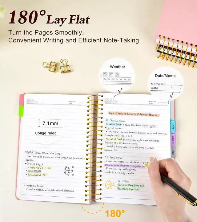 Alt view image 7 of 7 - 5 Subject Notebook College Ruled 240 Pages, A5(5.8"x8.3") Hardcover Spiral Notebook with Removable Pocket Dividers Tabs, Lined Spiral Journal Notebook for Women, Notebooks for Work School Note taking