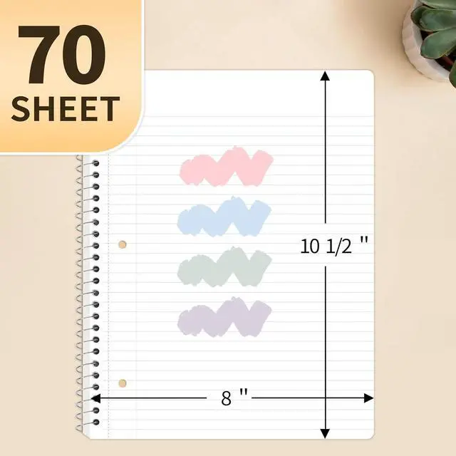 Alt view image 2 of 7 - Spiral Notebooks College Ruled, 1-Subject, 4 Pack, 8 x 10-1/2 in, 70 Sheets, 3-Hole Punched 70gsm Paper, Pastel Pink, Purple, Blue, Green for School, Home & Office, Writing Journal