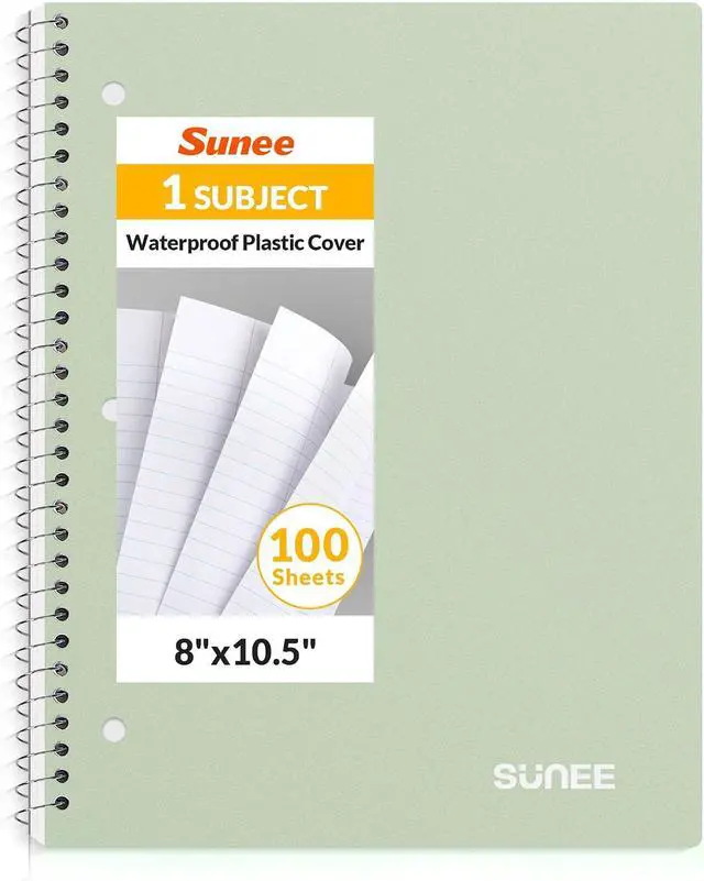 Alt view image 8 of 11 - SUNEE Spiral Notebook, 1-Subject, College Ruled Paper, 8" x 10-1/2", 100 Sheets per Notebook, 3-Hole Punched Paper, Water Resistant Cover, Double-sided Pockets, Spiral Lined Notebooks for Work, Green