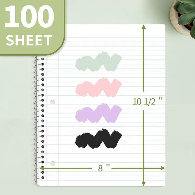 Alt view image 9 of 11 - SUNEE Spiral Notebook, 1-Subject, College Ruled Paper, 8" x 10-1/2", 100 Sheets per Notebook, 3-Hole Punched Paper, Water Resistant Cover, Double-sided Pockets, Spiral Lined Notebooks for Work, Green