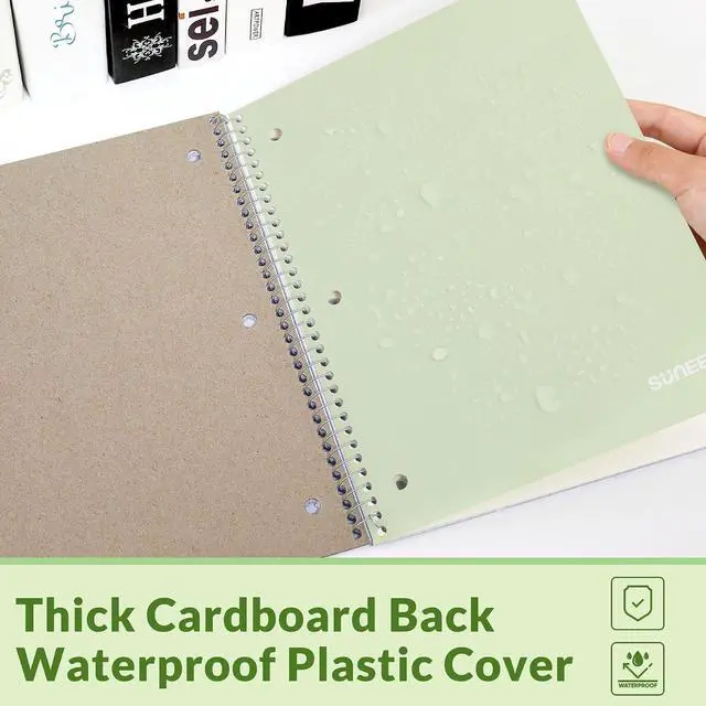 Alt view image 11 of 11 - SUNEE Spiral Notebook, 1-Subject, College Ruled Paper, 8" x 10-1/2", 100 Sheets per Notebook, 3-Hole Punched Paper, Water Resistant Cover, Double-sided Pockets, Spiral Lined Notebooks for Work, Green