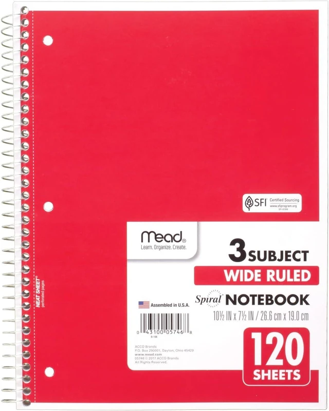 Alt view image 7 of 7 - Spiral Notebook, 3 Subject, Wide Ruled Paper, 7-1/2" x 10-1/2", 120 Sheets, Color Will Vary (930206-25)