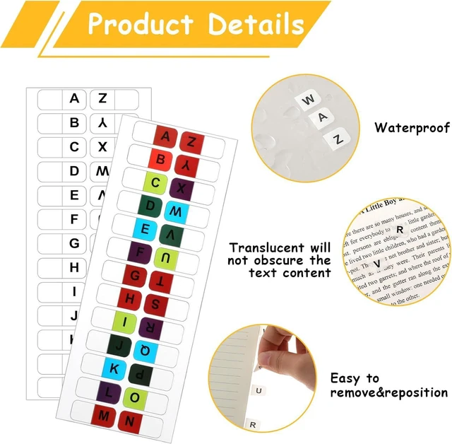 Alt view image 3 of 7 - A-Z 26 Alphabet Tabs, Self Adhesive - White and Colorful Letters, 260 Pcs, 10 Sheets