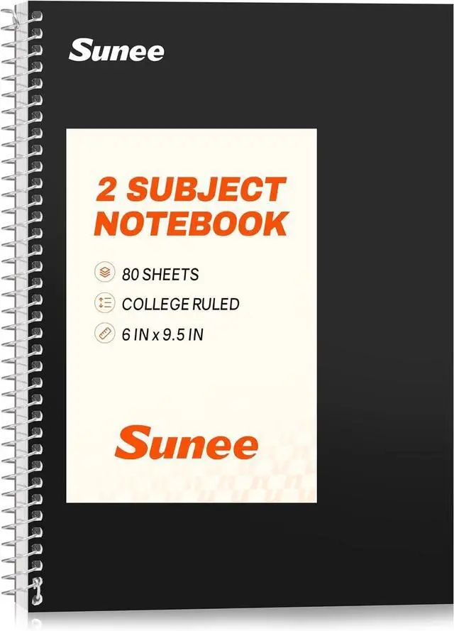 Main image of Spiral Notebook, 2-Subject, College Ruled Paper, 6" x 9-1/2", 80 Sheets, Spiral Notebooks for School, Black