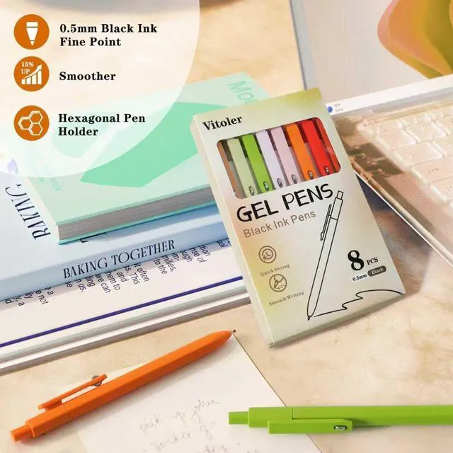 Alt view image 5 of 7 - Black Ink Gel Pens, 8pcs 0.5mm Smooth Writing Pens with Fidget | For Women, For Teachers, For Nurses, Quick dry, Liquid Ink, For Badge, Felt Tip, Medium Point, For Journaling, Cute