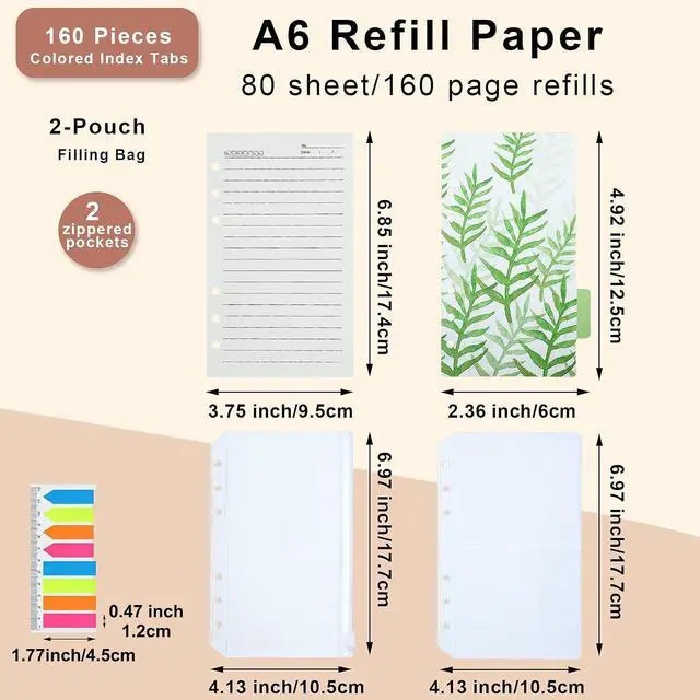 Alt view image 3 of 7 - A6 Refill Paper set, 6 Plastic Binder inserts, 2 A6 Lined Refill Paper, 2 Binder Pockets, 160 Index Tabs,6 Holes Refillable Paper for Planner Organizer Notebook Journal (Mori Series)