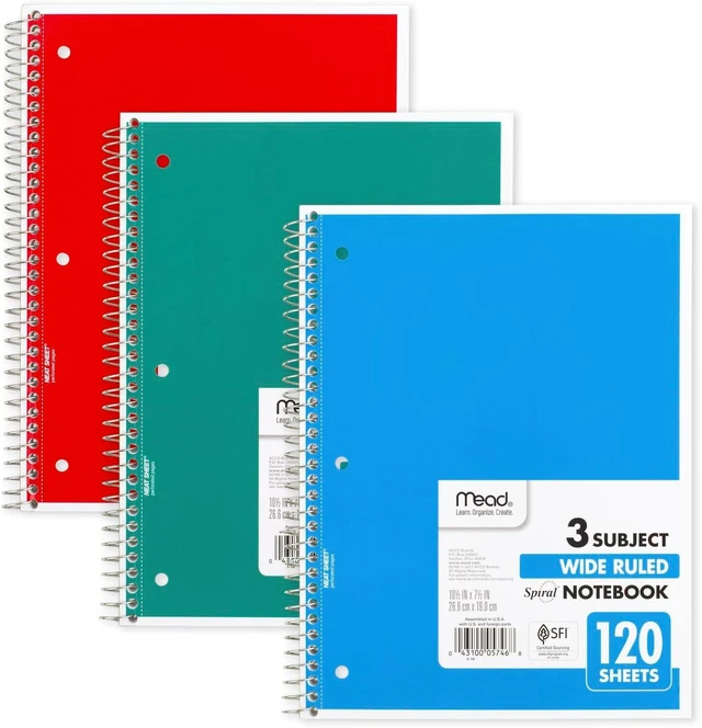 Alt view image 2 of 7 - Spiral Notebook, 3 Subject, Wide Ruled Paper, 7-1/2" x 10-1/2", 120 Sheets, Color Will Vary (930206-25)
