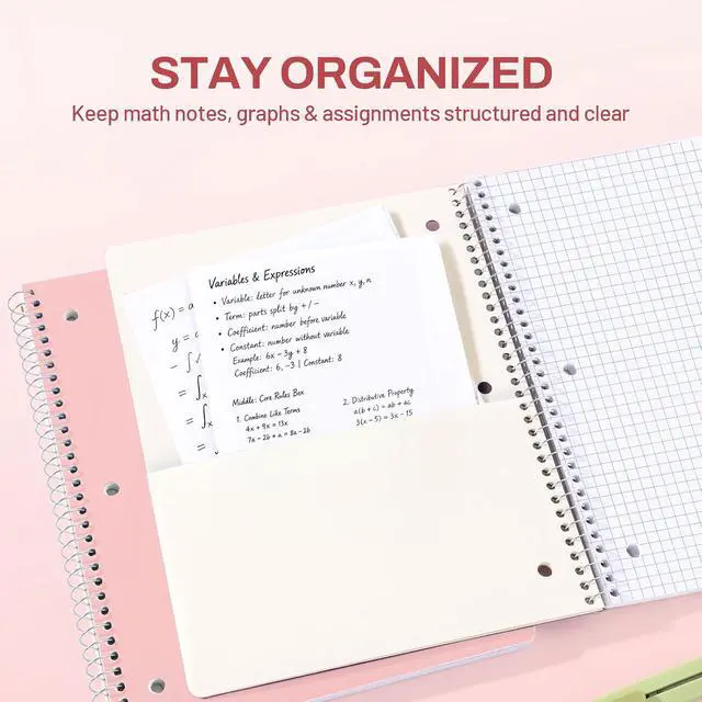 Alt view image 4 of 7 - Spiral Notebook, 1-Subject, Graph Ruled Paper, 8" x 10-1/2", 100 Sheets per Notebook, 3-Hole Punched Paper, Water Resistant Cover, Spiral Grid Notebooks for Work, Home, School, Writing, Pink