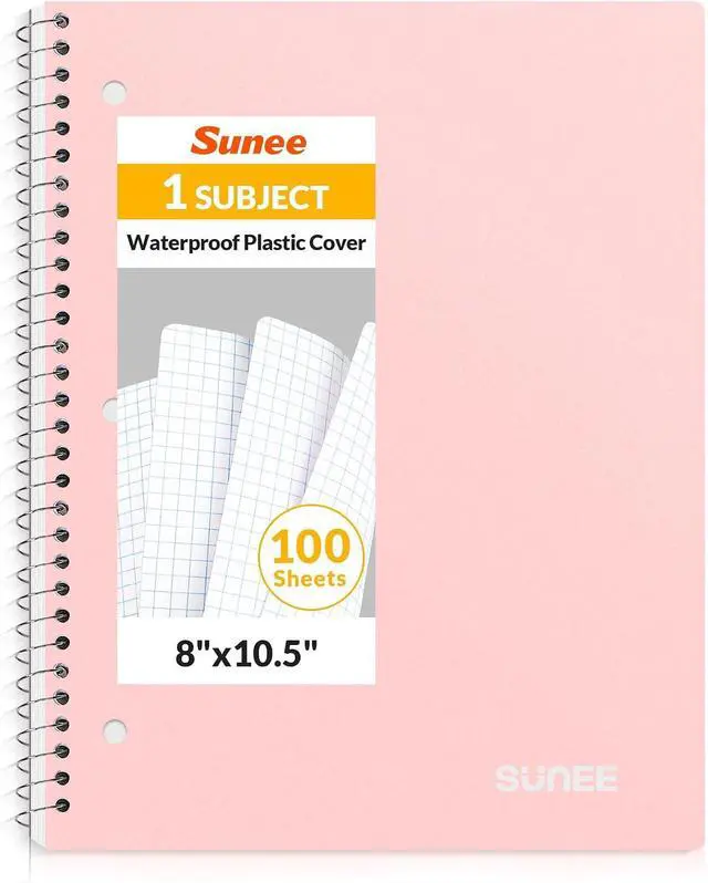 Main image of Spiral Notebook, 1-Subject, Graph Ruled Paper, 8" x 10-1/2", 100 Sheets per Notebook, 3-Hole Punched Paper, Water Resistant Cover, Spiral Grid Notebooks for Work, Home, School, Writing, Pink