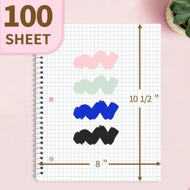 Alt view image 3 of 7 - Spiral Notebook, 1-Subject, Graph Ruled Paper, 8" x 10-1/2", 100 Sheets per Notebook, 3-Hole Punched Paper, Water Resistant Cover, Spiral Grid Notebooks for Work, Home, School, Writing, Pink