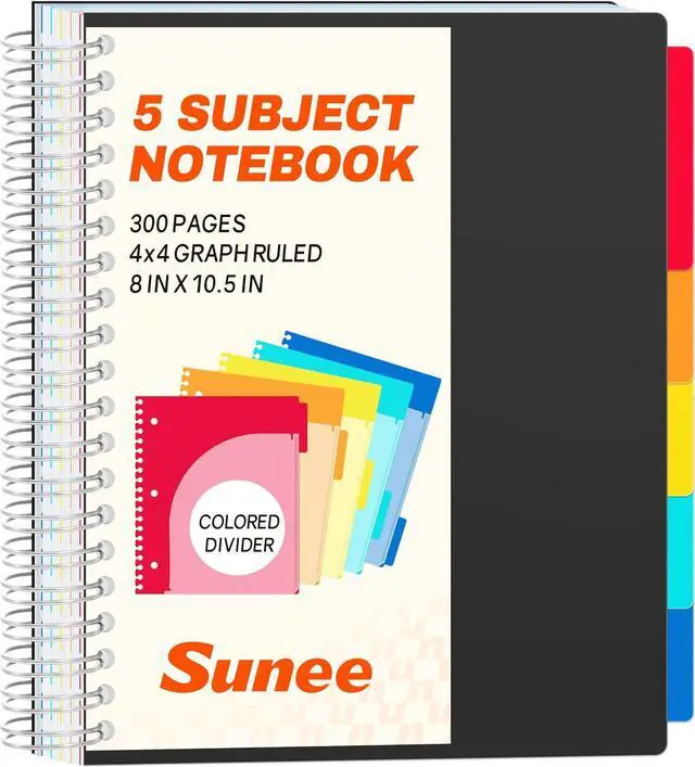 Main image of Graph Paper Notebook 4x4 Grid Ruled 300 Pages, 5 Tabbed Pocket Dividers, 8"x10.5", 3 Hole Punched, Durable PP Cover Spiral Grid Notebook for Engineering, Work, School, Black