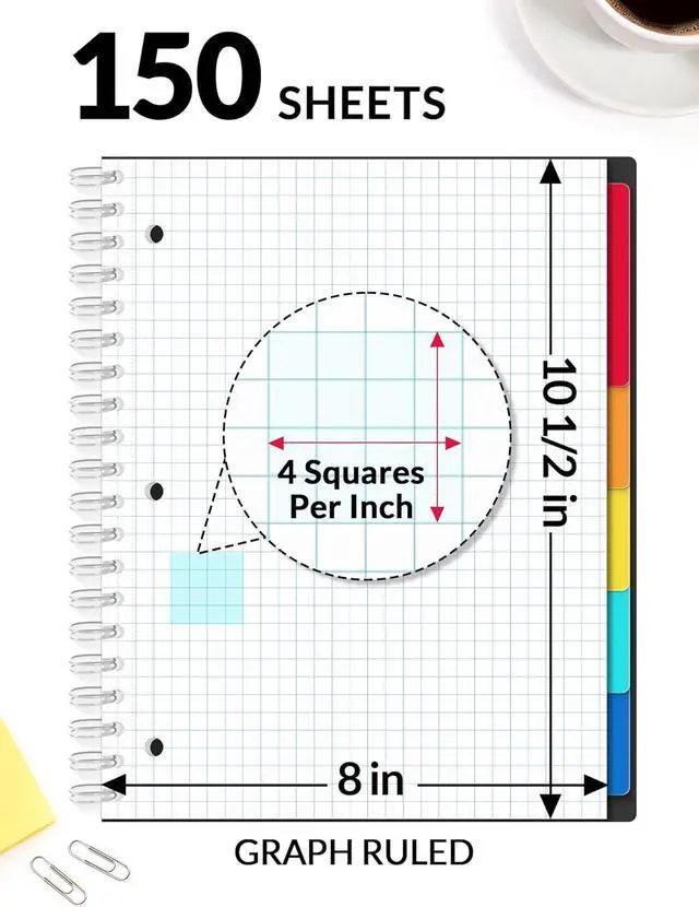 Alt view image 3 of 7 - Graph Paper Notebook 4x4 Grid Ruled 300 Pages, 5 Tabbed Pocket Dividers, 8"x10.5", 3 Hole Punched, Durable PP Cover Spiral Grid Notebook for Engineering, Work, School, Black