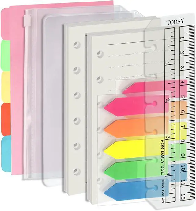 Main image of A7 6-Hole Binder Refill Value Set, 90-Sheet Rulled Line Loose Leaf Paper with Stickers and Dividers, Planner Inserts with Binder Pockets