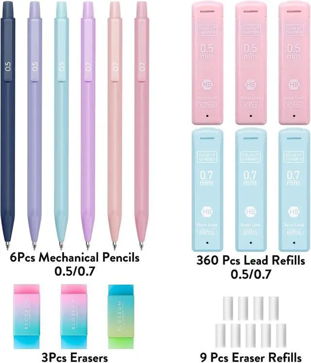 Alt view image 6 of 7 - Cute Mechanical Pencil Set, 6-Pack 0.5/0.7mm | 360 Lead Refills, 3 Erasers, 9 Eraser Refills, Storage Case, Back to School Supplies for Girls, Aesthetic Stationery