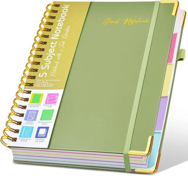 Main image of Hardcover Spiral Notebooks for Work, 5 Subject Notebook College Ruled with Dividers Tabs, Lined Organizer Notebook Journal for women, 8"x10" Large B5 Notebooks for School Note taking, 240 Pages Green