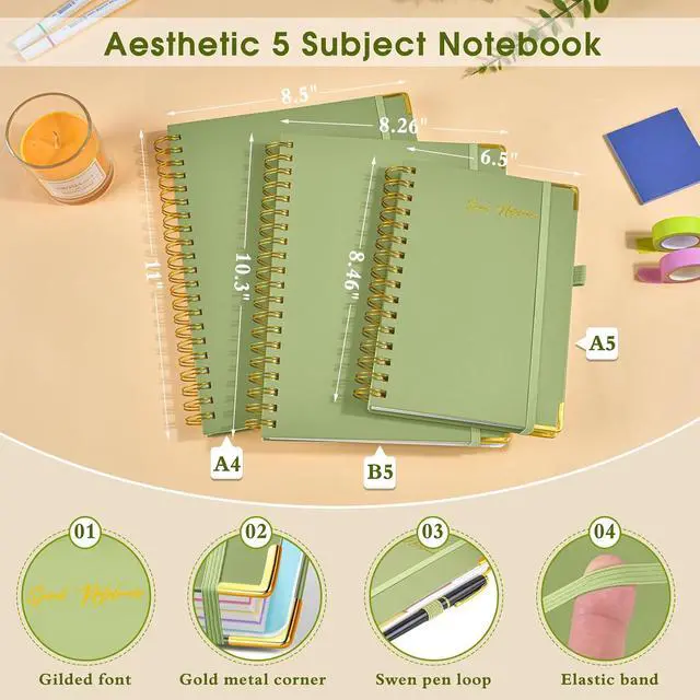 Alt view image 2 of 7 - Hardcover Spiral Notebooks for Work, 5 Subject Notebook College Ruled with Dividers Tabs, Lined Organizer Notebook Journal for women, 8"x10" Large B5 Notebooks for School Note taking, 240 Pages Green