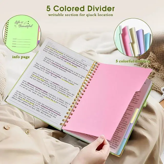 Alt view image 3 of 7 - Hardcover Spiral Notebooks for Work, 5 Subject Notebook College Ruled with Dividers Tabs, Lined Organizer Notebook Journal for women, 8"x10" Large B5 Notebooks for School Note taking, 240 Pages Green