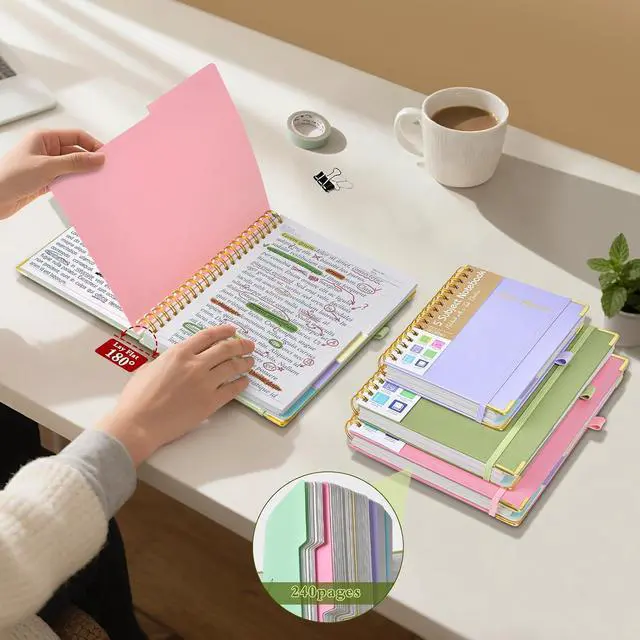 Alt view image 5 of 7 - Hardcover Spiral Notebooks for Work, 5 Subject Notebook College Ruled with Dividers Tabs, Lined Organizer Notebook Journal for women, 8"x10" Large B5 Notebooks for School Note taking, 240 Pages Green