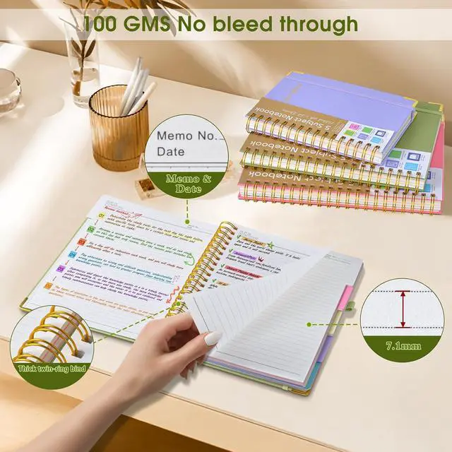 Alt view image 6 of 7 - Hardcover Spiral Notebooks for Work, 5 Subject Notebook College Ruled with Dividers Tabs, Lined Organizer Notebook Journal for women, 8"x10" Large B5 Notebooks for School Note taking, 240 Pages Green