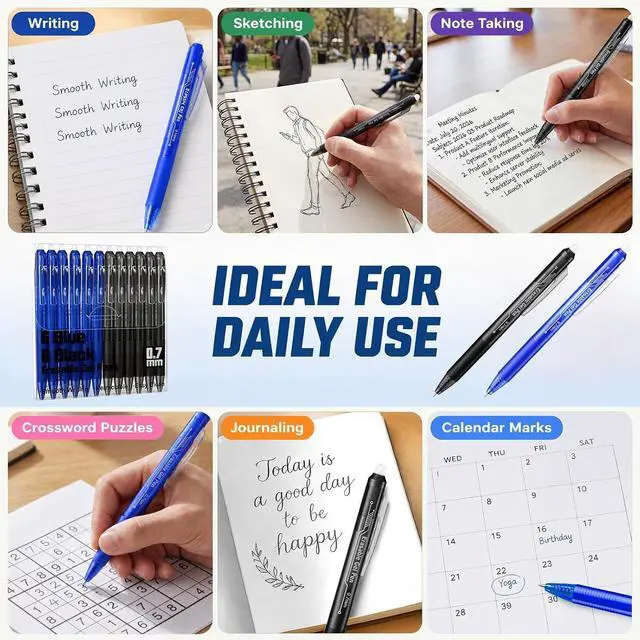 Alt view image 4 of 7 - Retractable Erasable Gel Pens, 6 Black & 6 Blue Fine Point Erasable Pens Clicker, Make Mistakes Disappear, Perfect for Drawing, Writing, Planner & Crossword Puzzles (0.7mm, Pack of 12)