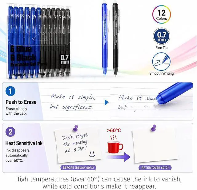Alt view image 3 of 7 - Retractable Erasable Gel Pens, 6 Black & 6 Blue Fine Point Erasable Pens Clicker, Make Mistakes Disappear, Perfect for Drawing, Writing, Planner & Crossword Puzzles (0.7mm, Pack of 12)