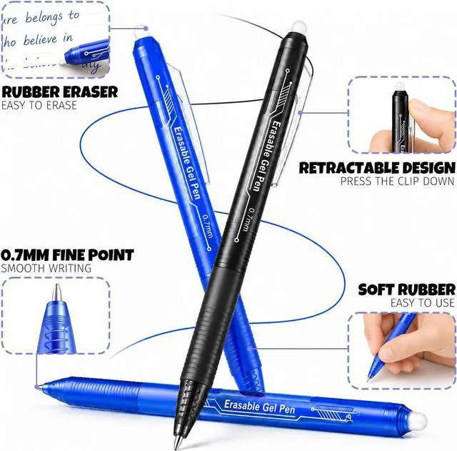 Alt view image 2 of 7 - Retractable Erasable Gel Pens, 6 Black & 6 Blue Fine Point Erasable Pens Clicker, Make Mistakes Disappear, Perfect for Drawing, Writing, Planner & Crossword Puzzles (0.7mm, Pack of 12)