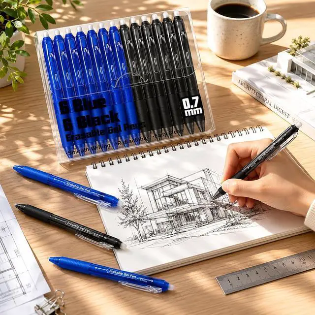 Alt view image 5 of 7 - Retractable Erasable Gel Pens, 6 Black & 6 Blue Fine Point Erasable Pens Clicker, Make Mistakes Disappear, Perfect for Drawing, Writing, Planner & Crossword Puzzles (0.7mm, Pack of 12)