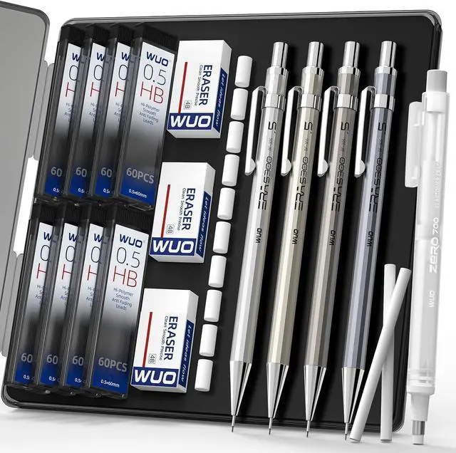 Main image of 0.5mm Metal Mechanical Pencil Set, 4-Pack with Eraser Pen and Case | 480 HB Lead Refills, 3 Erasers + 10 Eraser Refills, Fine Point, for Writing, Drawing, Drafting, Sketching