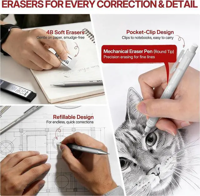 Alt view image 2 of 7 - 0.5mm Metal Mechanical Pencil Set, 4-Pack with Eraser Pen and Case | 480 HB Lead Refills, 3 Erasers + 10 Eraser Refills, Fine Point, for Writing, Drawing, Drafting, Sketching