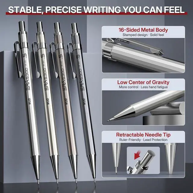 Alt view image 3 of 7 - 0.5mm Metal Mechanical Pencil Set, 4-Pack with Eraser Pen and Case | 480 HB Lead Refills, 3 Erasers + 10 Eraser Refills, Fine Point, for Writing, Drawing, Drafting, Sketching