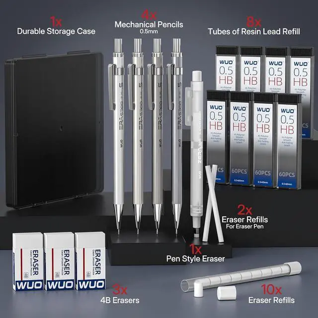 Alt view image 7 of 7 - 0.5mm Metal Mechanical Pencil Set, 4-Pack with Eraser Pen and Case | 480 HB Lead Refills, 3 Erasers + 10 Eraser Refills, Fine Point, for Writing, Drawing, Drafting, Sketching