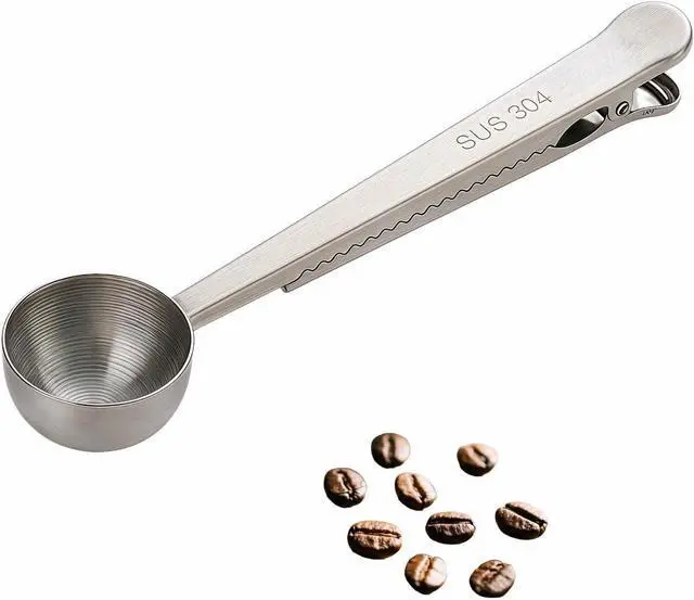Main image of Stainless Steel Coffee Scoop&Seal Clip,2-in-1 Measuring Spoon for Ground Coffee,Tea, Sugar,Airtight Kitchen Storage,Dishwasher Safe,6.69-inch Length,Serrated Sealing Clip