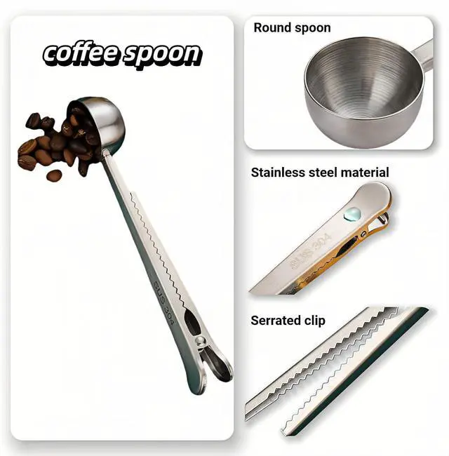 Alt view image 2 of 7 - Stainless Steel Coffee Scoop&Seal Clip,2-in-1 Measuring Spoon for Ground Coffee,Tea, Sugar,Airtight Kitchen Storage,Dishwasher Safe,6.69-inch Length,Serrated Sealing Clip