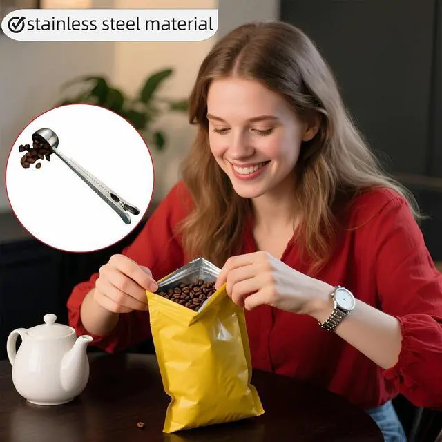 Alt view image 4 of 7 - Stainless Steel Coffee Scoop&Seal Clip,2-in-1 Measuring Spoon for Ground Coffee,Tea, Sugar,Airtight Kitchen Storage,Dishwasher Safe,6.69-inch Length,Serrated Sealing Clip