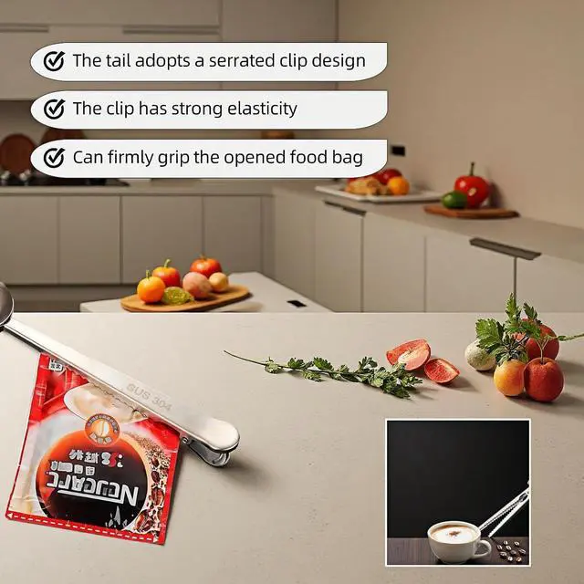 Alt view image 5 of 7 - Stainless Steel Coffee Scoop&Seal Clip,2-in-1 Measuring Spoon for Ground Coffee,Tea, Sugar,Airtight Kitchen Storage,Dishwasher Safe,6.69-inch Length,Serrated Sealing Clip