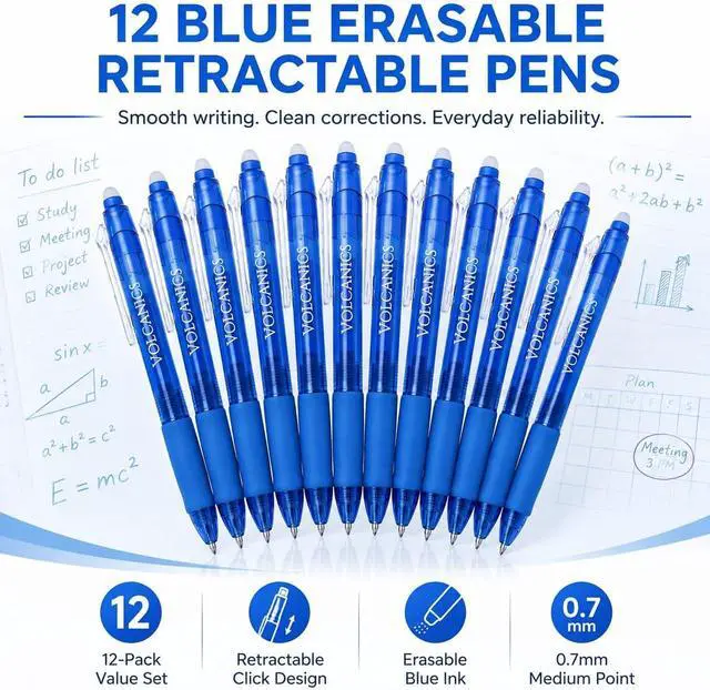 Alt view image 4 of 7 - Retractable Clicker Erasable Gel Pens, Blue Ink, 0.7mm, 12 Pack | Gel Ink Pens Erasable With Built-In Eraser, Smooth Writing For School, Office, Journaling, Note Taking And Daily Use