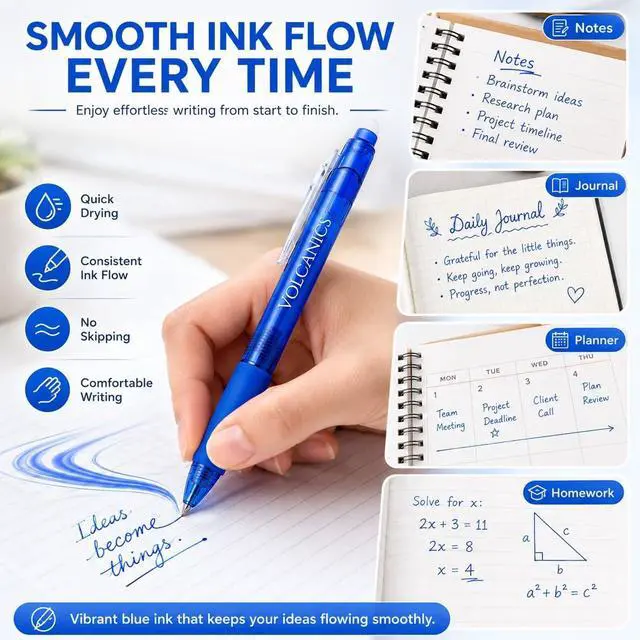 Alt view image 6 of 7 - Retractable Clicker Erasable Gel Pens, Blue Ink, 0.7mm, 12 Pack | Gel Ink Pens Erasable With Built-In Eraser, Smooth Writing For School, Office, Journaling, Note Taking And Daily Use