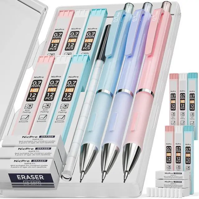 Main image of 3PCS Cute Mechanical Pencil Set with Case, 0.7 mm Pencils | with 6 Tube HB Lead Refill, 3PCS Eraser, 9PCS Eraser Refill for School Supplies Student Writing, Drafting Drawing Sketching