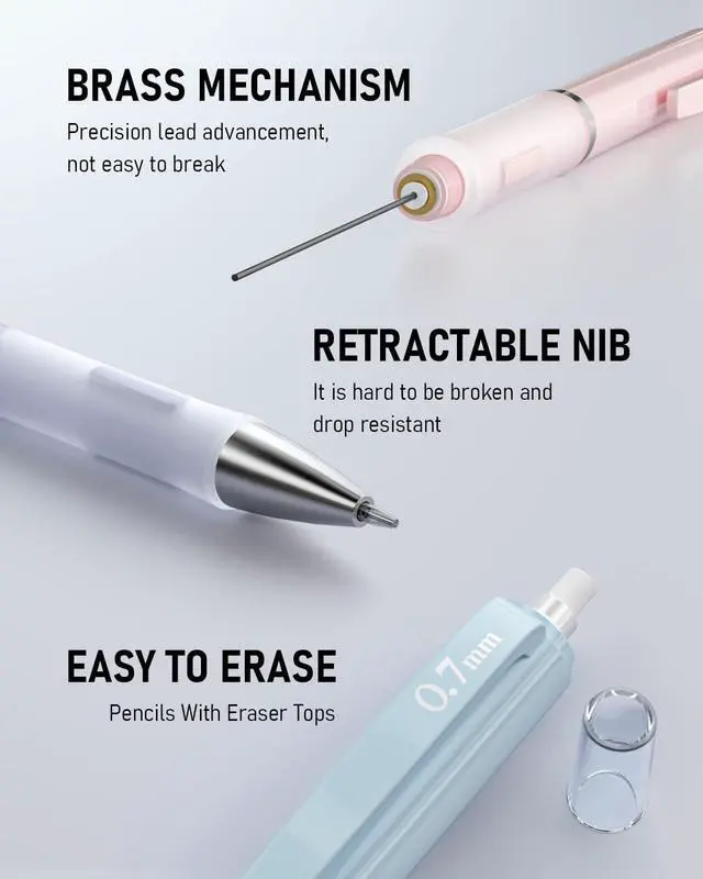 Alt view image 5 of 7 - 3PCS Cute Mechanical Pencil Set with Case, 0.7 mm Pencils | with 6 Tube HB Lead Refill, 3PCS Eraser, 9PCS Eraser Refill for School Supplies Student Writing, Drafting Drawing Sketching