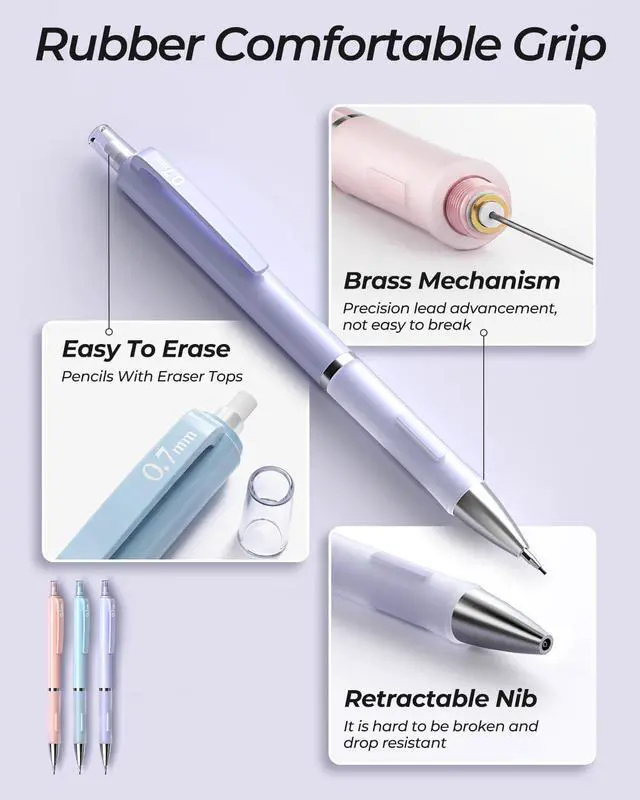 Alt view image 4 of 7 - 3PCS Cute Mechanical Pencil Set with Case, 0.7 mm Pencils | with 6 Tube HB Lead Refill, 3PCS Eraser, 9PCS Eraser Refill for School Supplies Student Writing, Drafting Drawing Sketching