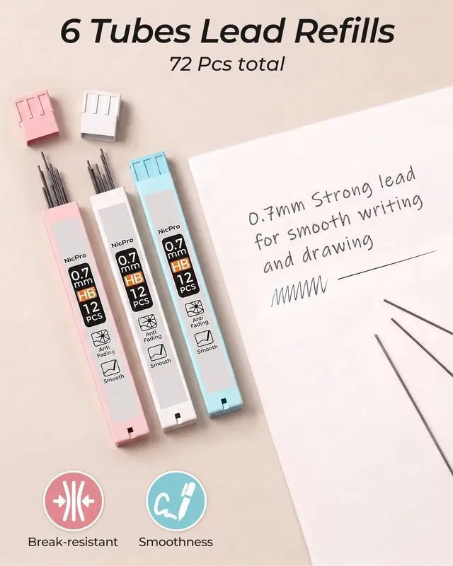 Alt view image 6 of 7 - 3PCS Cute Mechanical Pencil Set with Case, 0.7 mm Pencils | with 6 Tube HB Lead Refill, 3PCS Eraser, 9PCS Eraser Refill for School Supplies Student Writing, Drafting Drawing Sketching