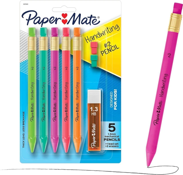 Main image of Paper Mate Handwriting Triangular Mechanical Pencils with Lead & Eraser Refills, 1.3mm, Fun Barrel Colors, 5 Count - School Supplies, Kids Writing